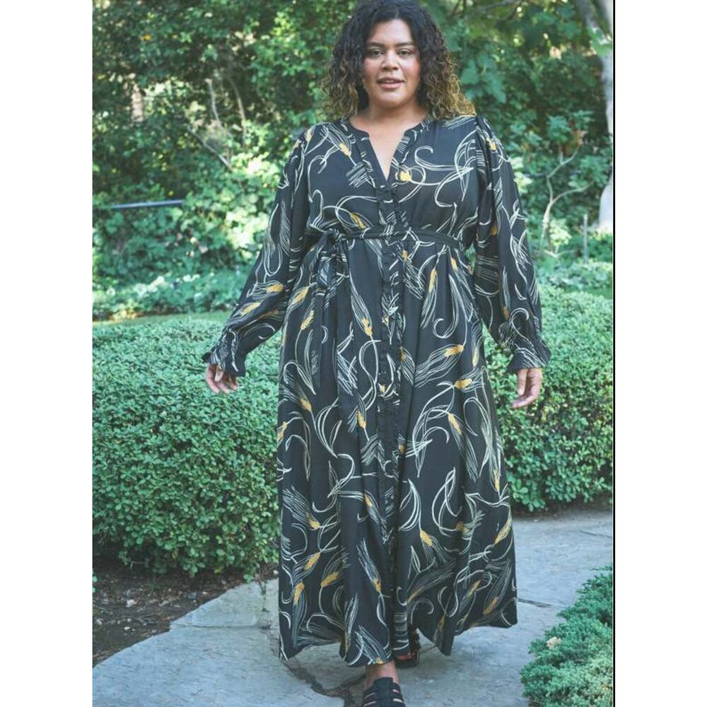 The Odells Women's Black Yellow Floral Pockets Belted Sofia Maxi Dress Sz XL